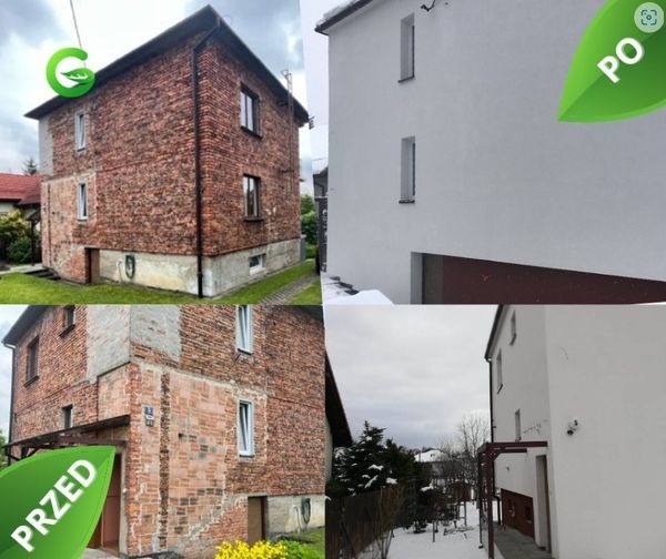 Dom dwukondygnacyjny przed i po ociepleniu elewacji, widok z dwóch różnych perspektyw, elewacja ceglana przed, biała po, zieleń w tle.