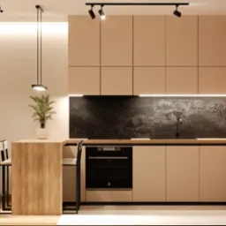 Minimalistyczna kuchnia z beżowymi szafkami, czarnym blatem i backsplashiem o teksturze betonu, oświetleniem punktowym i wyspą z drewnianym blatem oraz dwoma krzesłami barowymi. Dodatkowo widoczny...