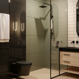 NAVRO. - Studio Projektowe - mgr inż. arch. Piotr Nawrocki - Nowoczesna łazienka z czarnymi akcentami, kabiną prysznicową typu walk-in, drewnianą szafką pod umywalką i owalnym lustrem z podświetleniem LED.