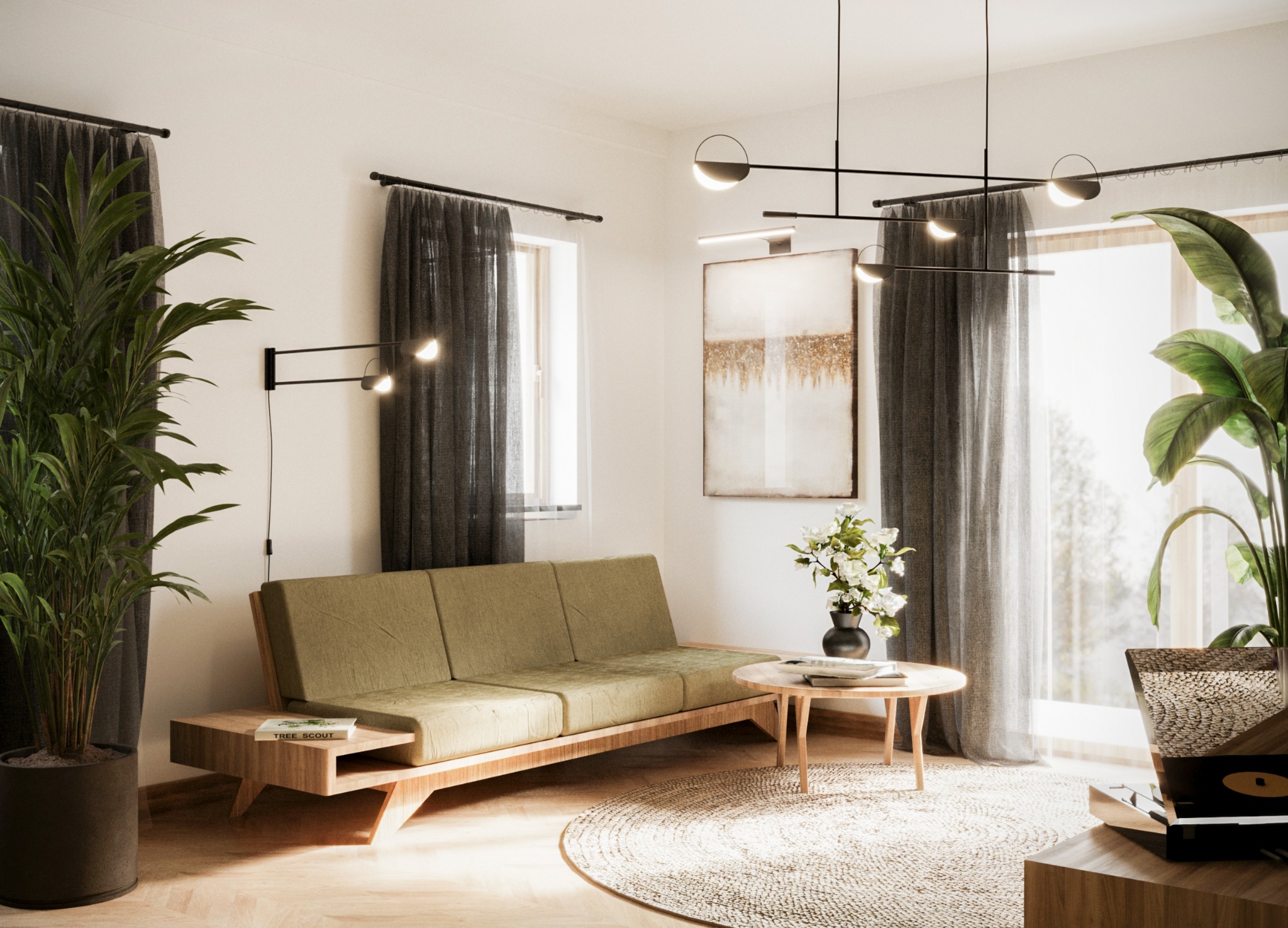 Jasny salon z oliwkową sofą na drewnianej ramie, okrągłym dywanem, stolikiem z kwiatami i gramofonem, oświetlony nowoczesnymi lampami.