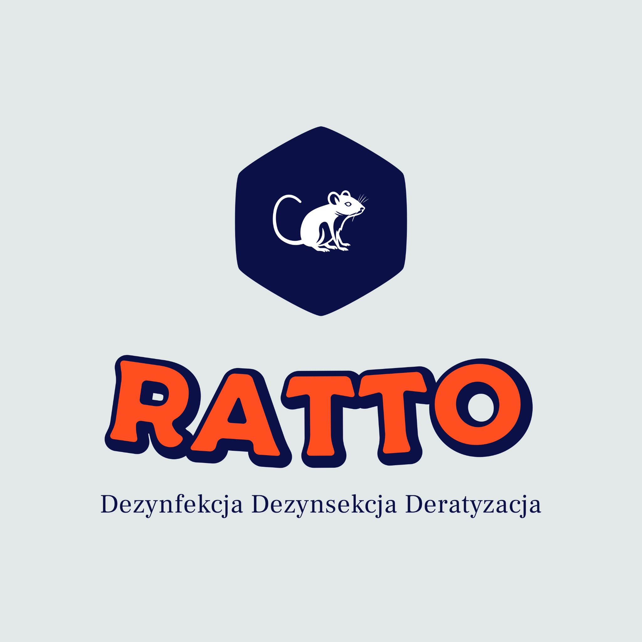 Logo firmy z sylwetką białej myszy w granatowym sześciokącie, pomarańczowym napisem RATTO i informacją o dezynfekcji i deratyzacji.