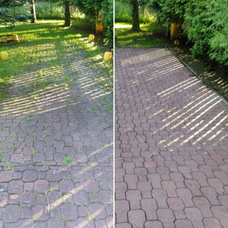 Porównanie kostki brukowej przed i po czyszczeniu: po lewej stronie kostka zarośnięta trawą i brudna, po prawej czysta i odnowiona, widoczne cienie drzew.