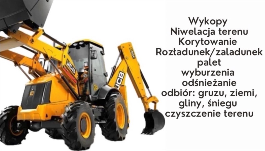 Żółta koparko-ładowarka JCB na białym tle, widoczne logo JCB, zarysowane usługi: wykopy, niwelacja terenu, rozładunek palet, wyburzenia, odśnieżanie, odbiór gruzu.