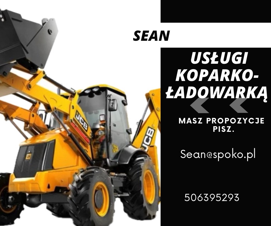 Żółta koparko-ładowarka JCB na białym tle, obok reklama usług z adresem e-mail i numerem telefonu.