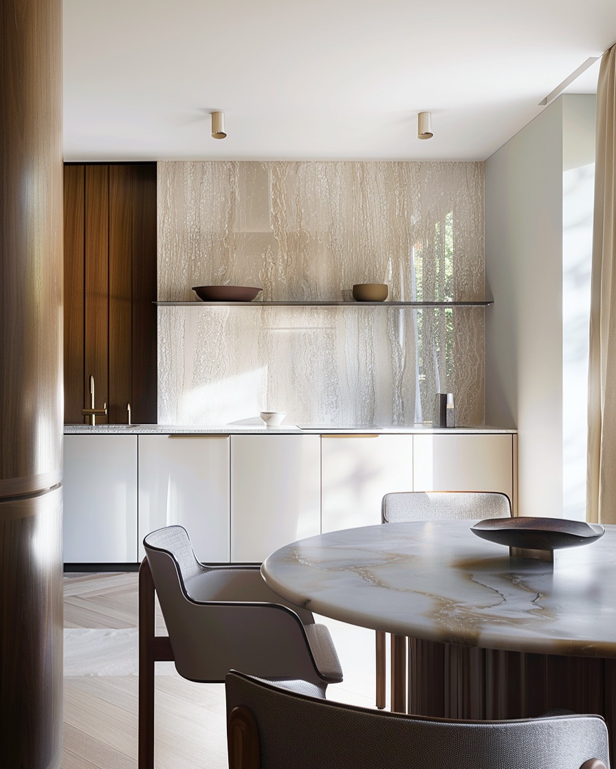 Nowoczesna kuchnia z okrągłym stołem z marmurowym blatem, minimalistyczne krzesła, białe szafki z dyskretnymi uchwytami i dekoracyjna ściana z kamienia naturalnego w odcieniach beżu i brązu.