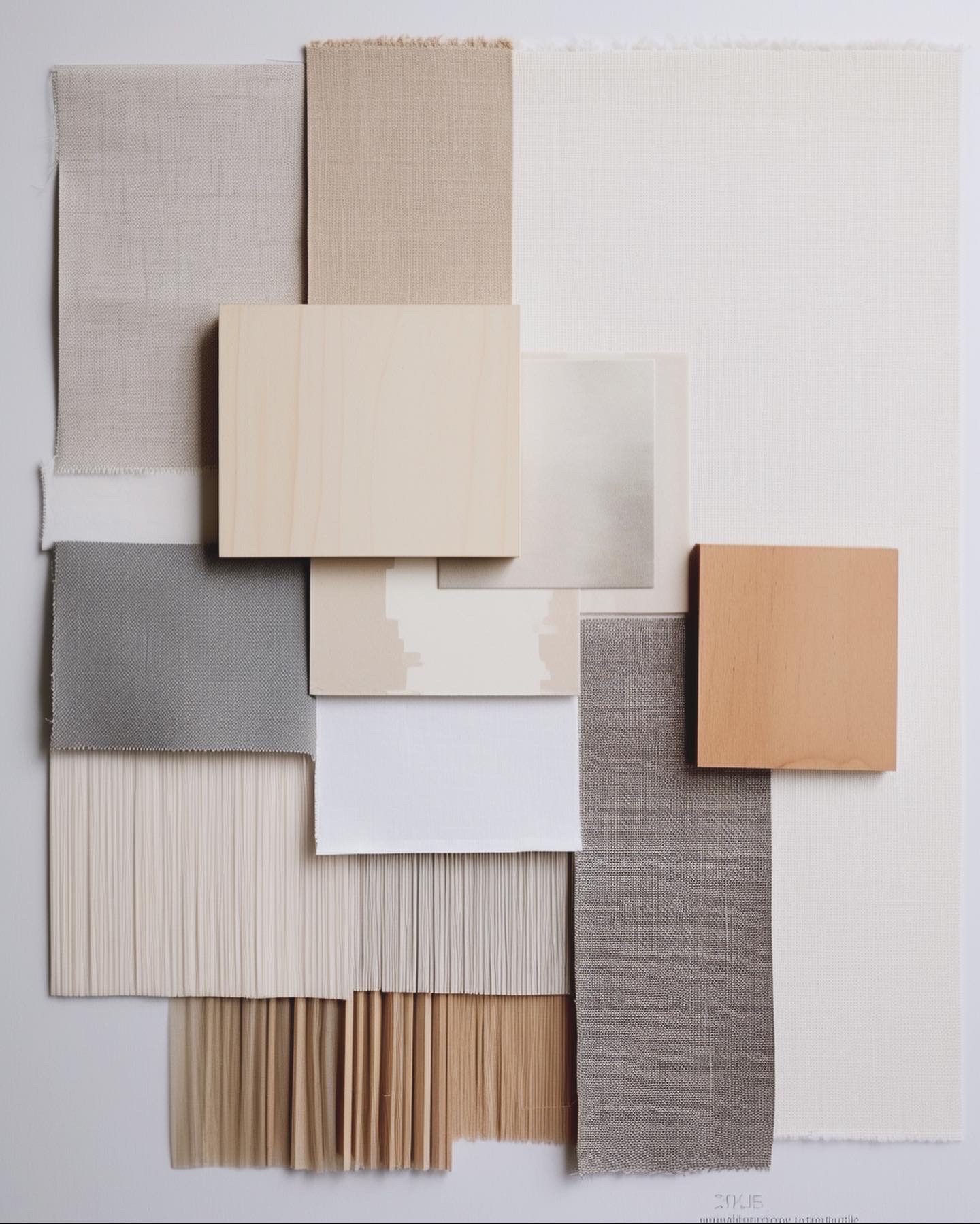 Kompozycja próbek materiałów i drewna w neutralnej palecie barw: tkaniny o różnej fakturze, od gładkich po plisowane, oraz drewniane elementy w odcieniach beżu i brązu, tworzące moodboard...