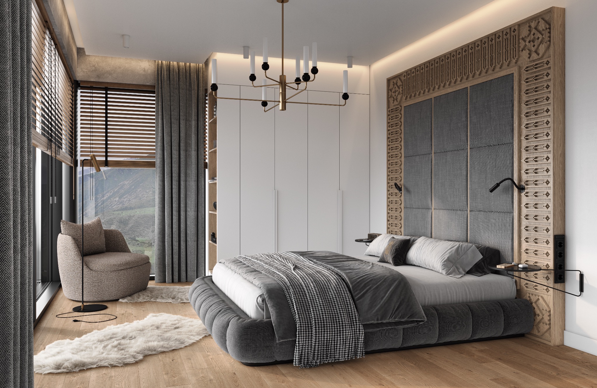 Nowoczesna sypialnia z łóżkiem w odcieniach szarości, ozdobnym zagłówkiem z drewna i tapicerowanymi panelami, okrągłym fotelem, dywanem imitującym skórę owczą oraz widokiem na góry za oknem.
