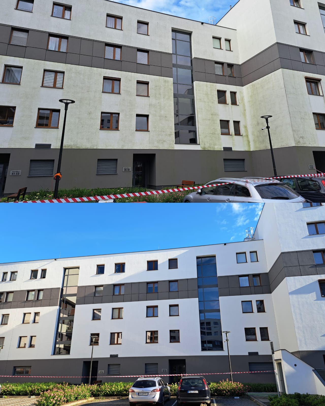 Porównanie elewacji budynku wielorodzinnego przed i po czyszczeniu, widoczne różnice w kolorze i czystości powierzchni, z zaznaczoną taśmą strefą prac.