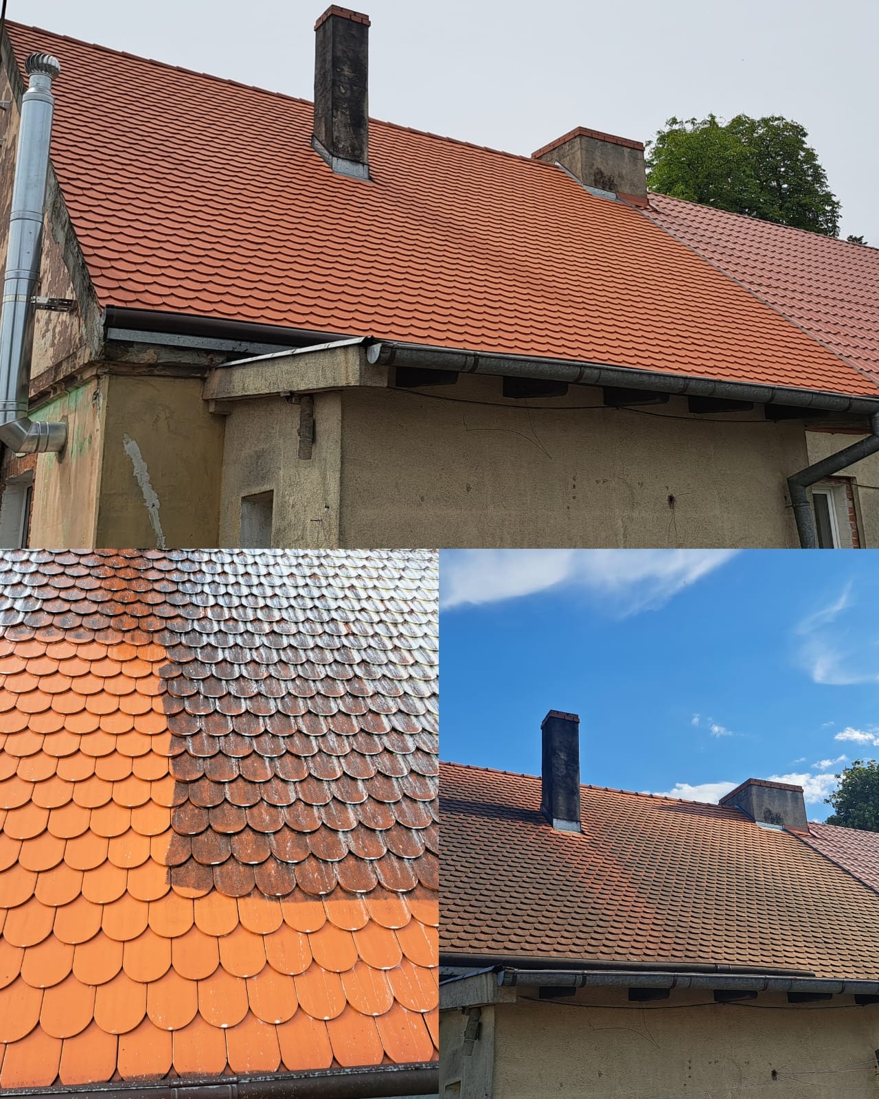 Częściowo wyczyszczony dach z ceramicznej dachówki karpiówki, prezentujący różnicę w kolorze przed i po czyszczeniu, z widocznymi kominami i orynnowaniem.