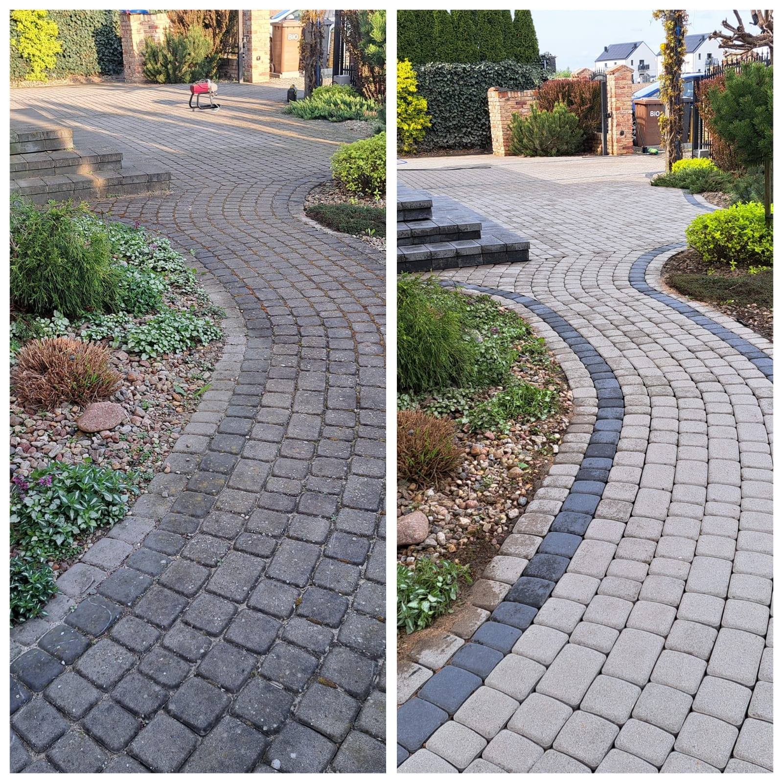 Porównanie stanu kostki brukowej przed i po czyszczeniu: po lewej stronie kostka szara, zabrudzona, po prawej czysta, jasna z dodatkowym pasem ciemniejszej kostki, widoczne różnice w kolorze...