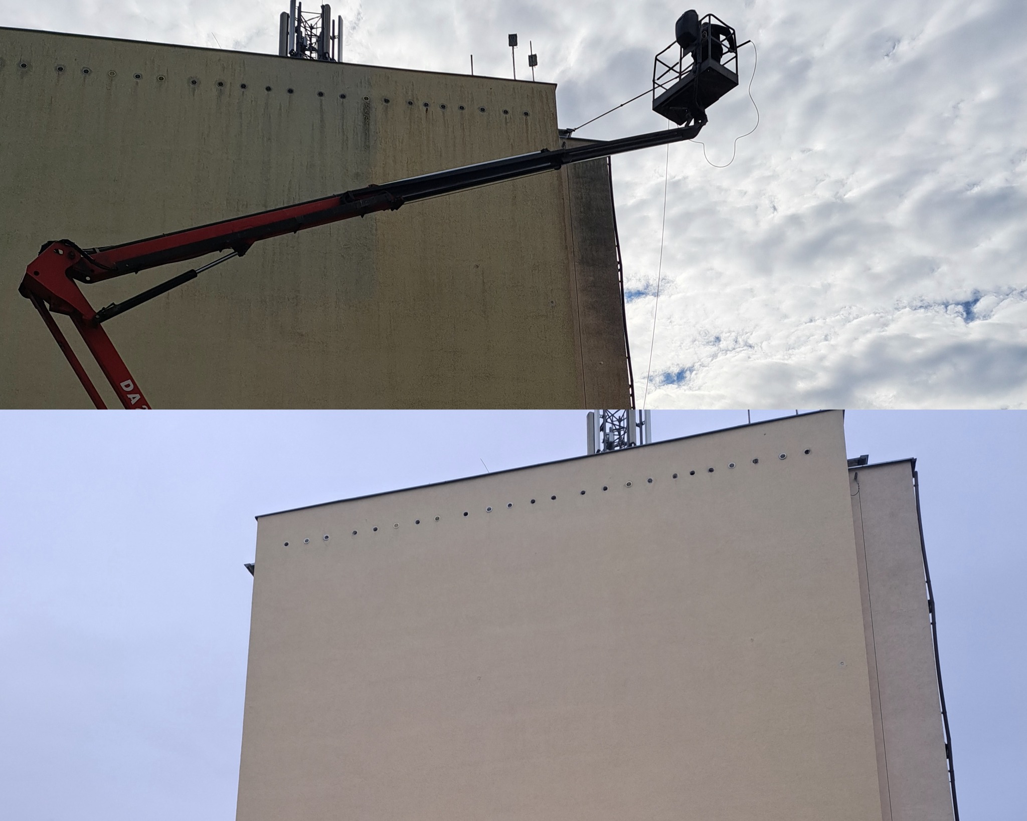 Porównanie elewacji budynku przed i po czyszczeniu z użyciem podnośnika koszowego; górna część zdjęcia ukazuje zabrudzoną powierzchnię, dolna część - czystą.