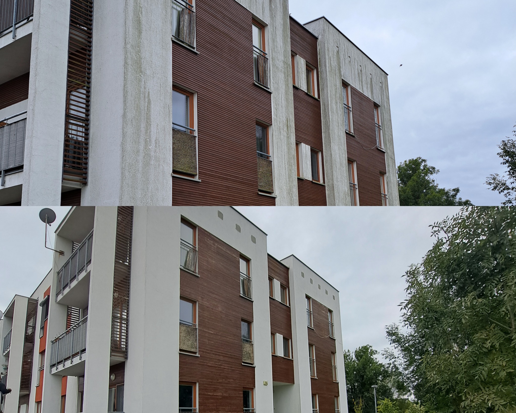 Dwa ujęcia tego samego budynku z brązową elewacją i białymi elementami konstrukcyjnymi, na jednym ujęciu widoczne zabrudzenia i ślady po zaciekach na białych elementach.