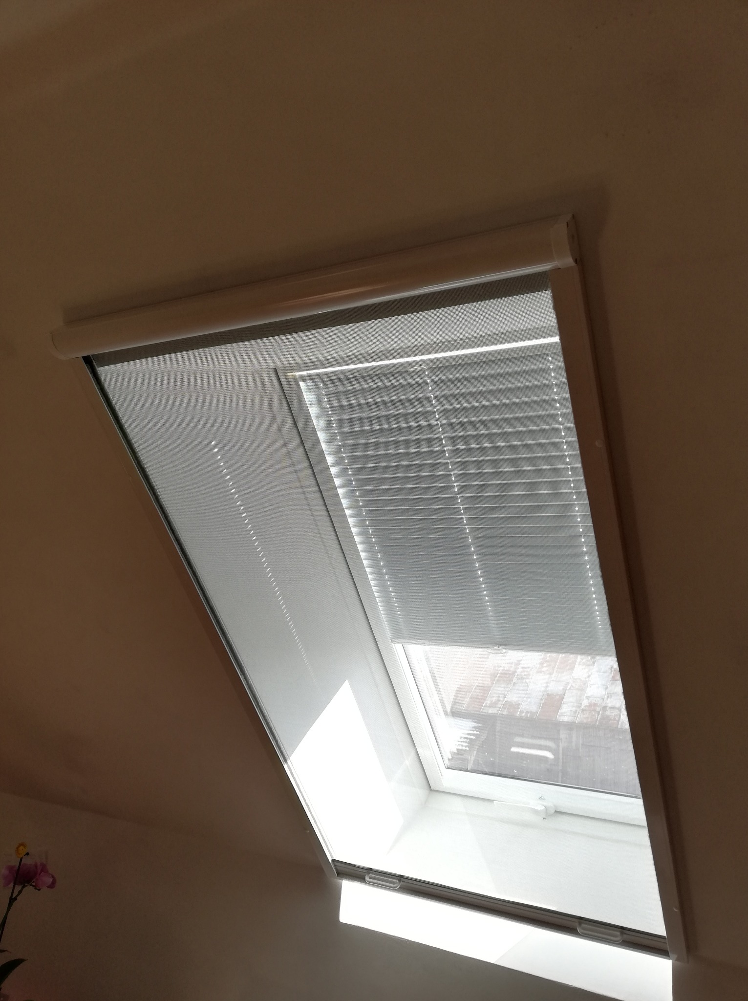 Okno dachowe z zamontowaną moskitierą i częściowo opuszczonymi żaluzjami aluminiowymi, widok na zewnątrz.