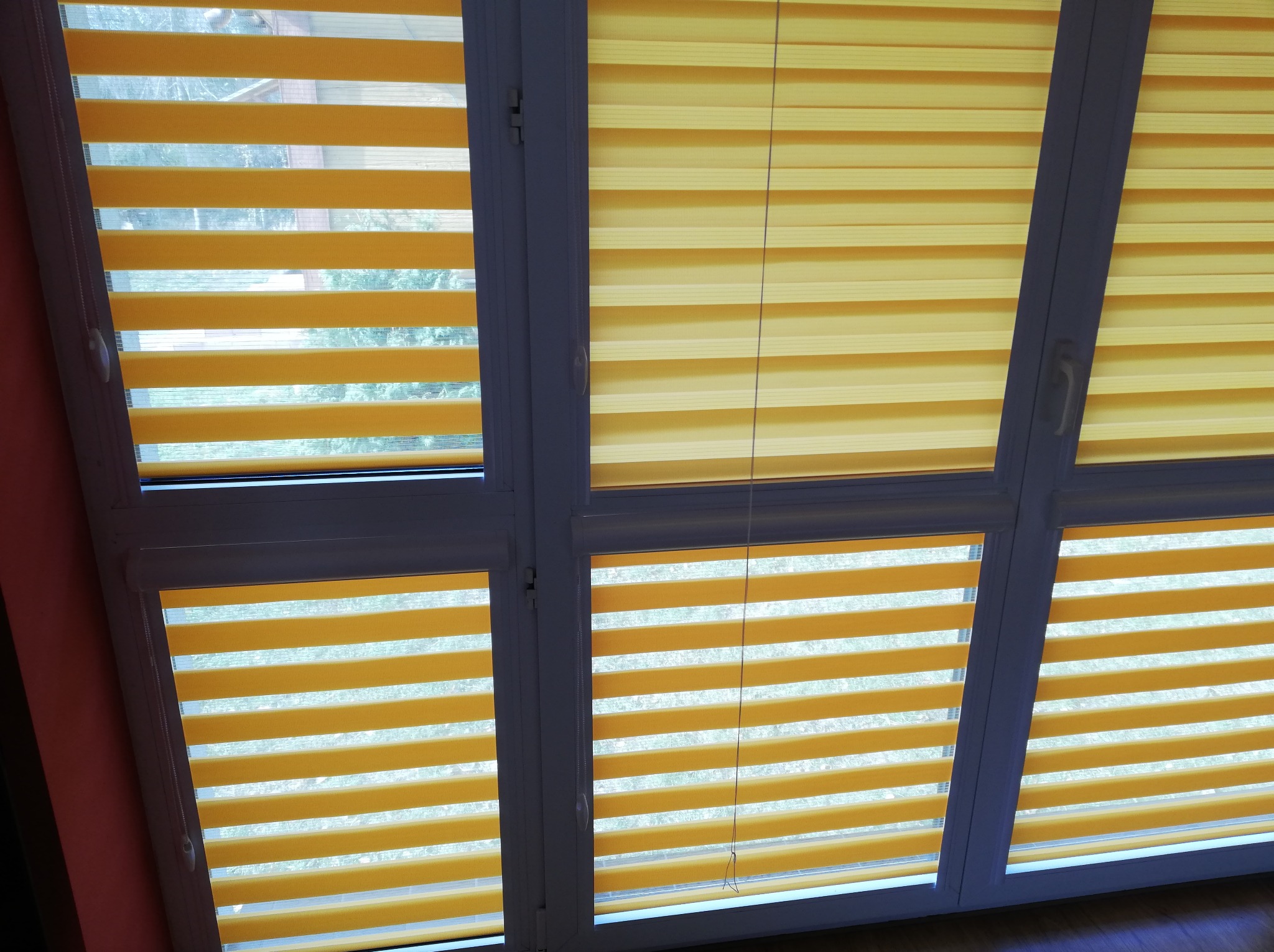Żółto-białe, poziome przesłony okienne zamontowane w białych ramach okiennych, widoczne z bliska, z widokiem na zewnątrz przez przezroczyste pasy.