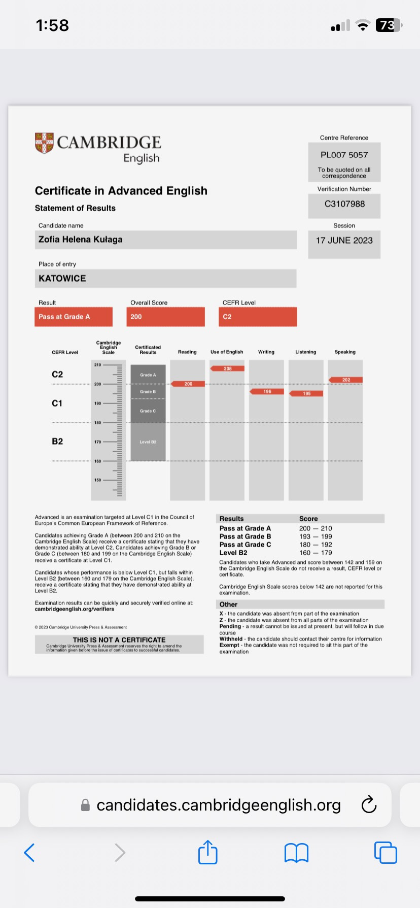 Wynik jednej z naszych uczennic.