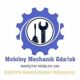 Logo firmy 'Mobilny Mechanik Gdańsk' z symbolem klucza francuskiego i śrubokręta w niebieskim kole zębatym, z napisem 'Warsztat Mobilny 24H' i 'Elektryk Samochodowy Trójmiasto'.
