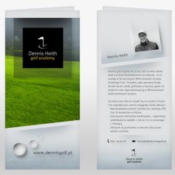 KLARA DESIGN Graphic Studio Renata Chodzińska - Dwustronna broszura reklamowa szkoły golfa: po lewej stronie logo na tle pola golfowego, po prawej zdjęcie trenera, opis działalności, dane kontaktowe.