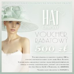 KLARA DESIGN Graphic Studio Renata Chodzińska - Voucher rabatowy na ekskluzywne nakrycia głowy marki Nigel Rayment, prezentowany na zdjęciu z modelką w kapeluszu, z informacją o wartości 500 zł i możliwości realizacji w butiku online...
