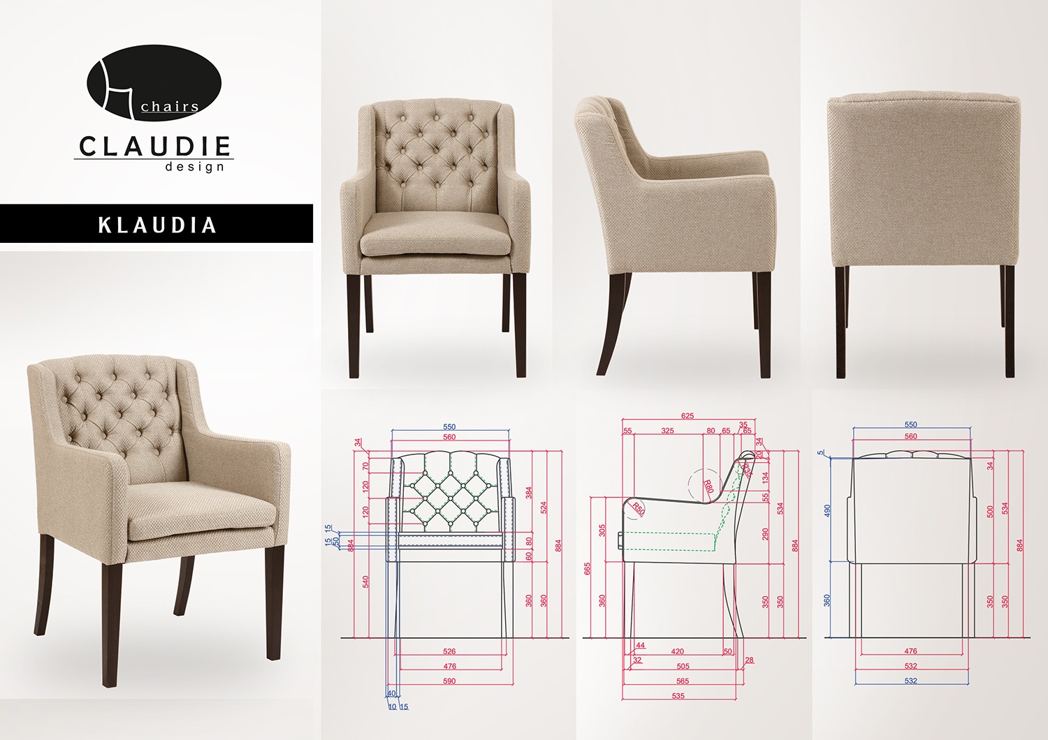 Beżowy fotel z pikowanym oparciem, prezentowany z różnych perspektyw, w tym z rysunkiem technicznym z wymiarami.