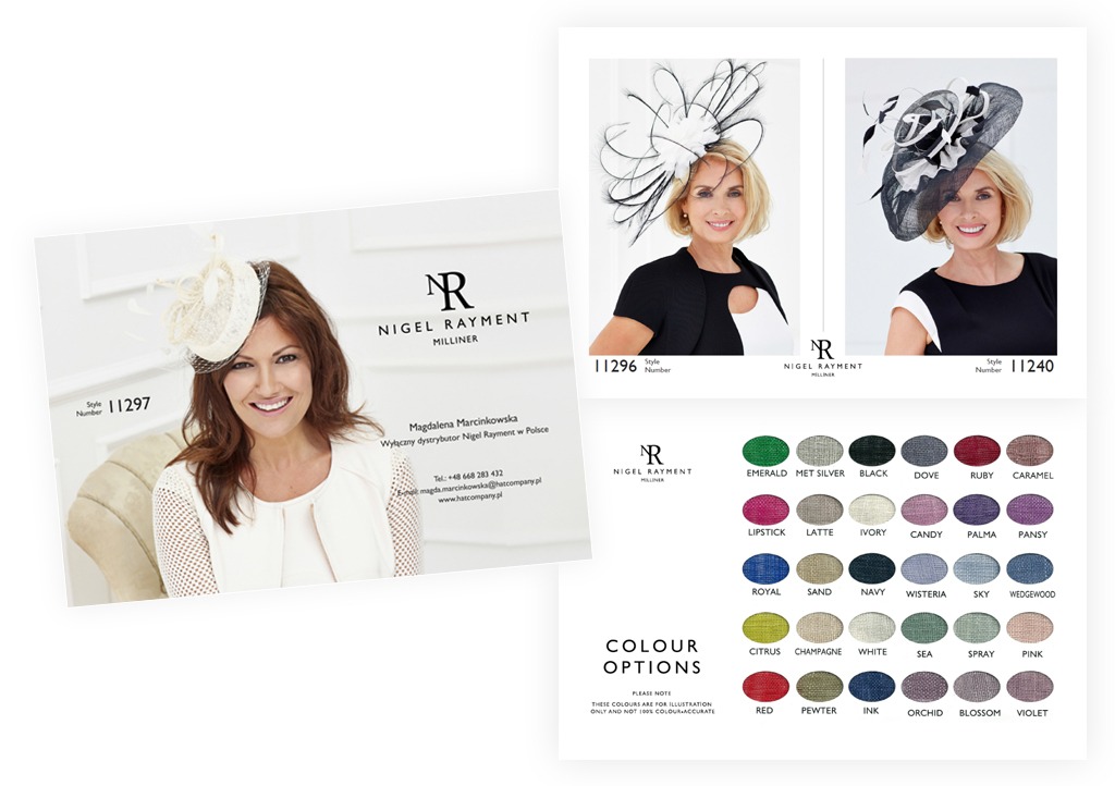 Katalog z modelkami prezentującymi eleganckie nakrycia głowy marki Nigel Rayment Milliner, z paletą dostępnych kolorów.