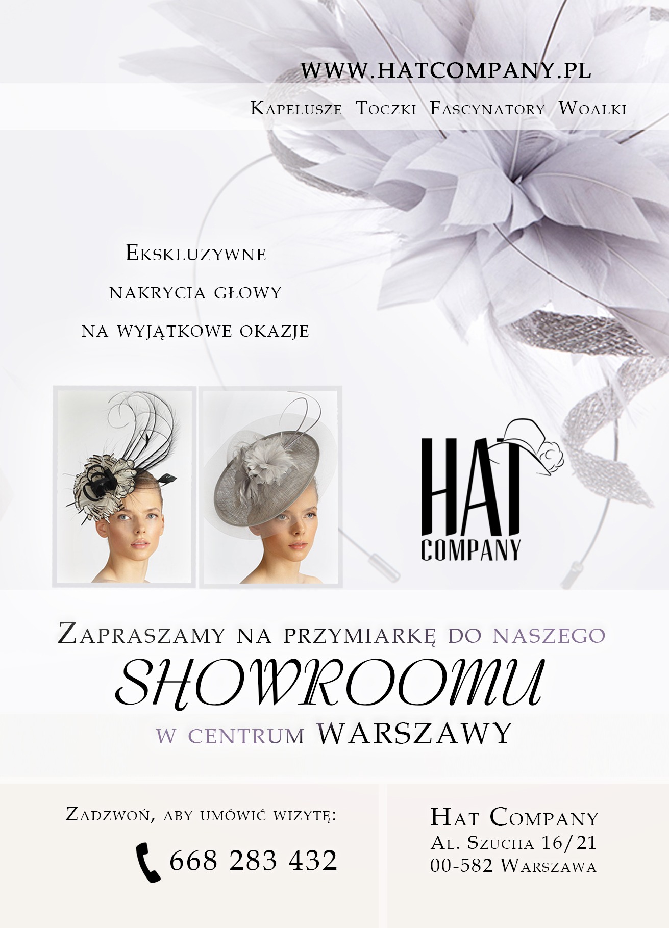 Elegancka reklama nakryć głowy Hat Company, prezentująca kapelusze i toczki na modelkach, zapraszająca do showroomu w centrum Warszawy.