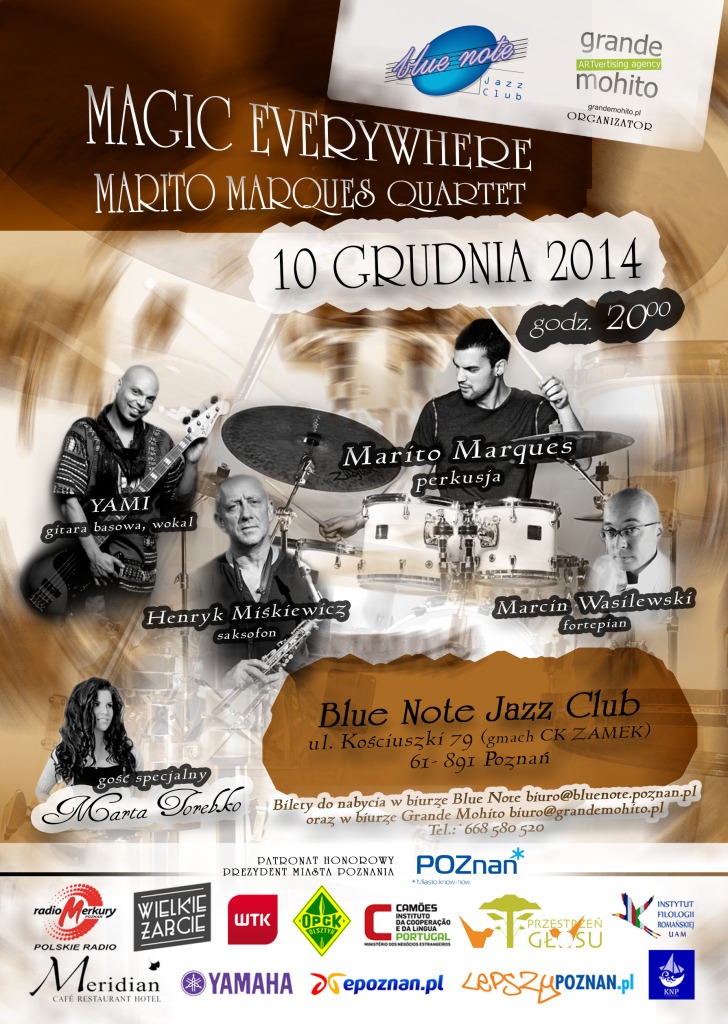 Plakat reklamowy koncertu jazzowego Marito Marques Quartet z gościem specjalnym Martą Torebko w Blue Note Jazz Club w Poznaniu, 10 grudnia 2014.