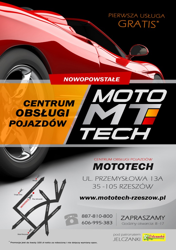 Reklama nowo powstałego centrum obsługi pojazdów Mototech z czerwonym samochodem sportowym i informacją o pierwszej usłudze gratis.