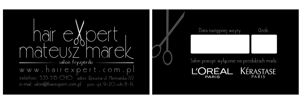 Czarno-biały projekt wizytówki salonu fryzjerskiego Hair Expert Mateusz Marek z adresem strony internetowej, numerem telefonu i adresem e-mail oraz informacją o godzinach otwarcia i produktach...
