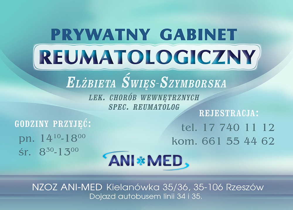 Grafika reklamowa prywatnego gabinetu reumatologicznego Elżbiety Święs-Szymborskiej, zawierająca informacje o godzinach przyjęć, numerach telefonu do rejestracji oraz adresie NZOZ ANI-MED w Rzeszowie.