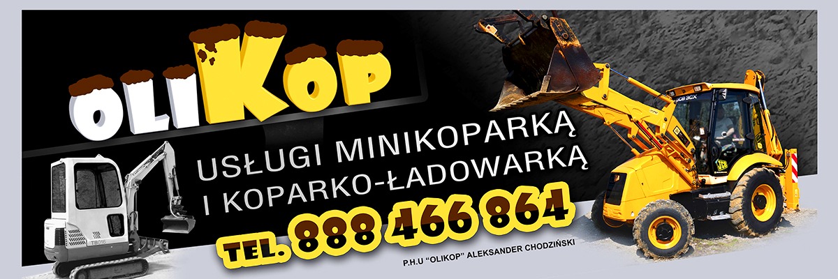 Grafika reklamowa firmy Olikop oferującej usługi minikoparką i koparko-ładowarką, prezentująca białą minikoparkę i żółtą koparko-ładowarkę JCB na szarym tle.