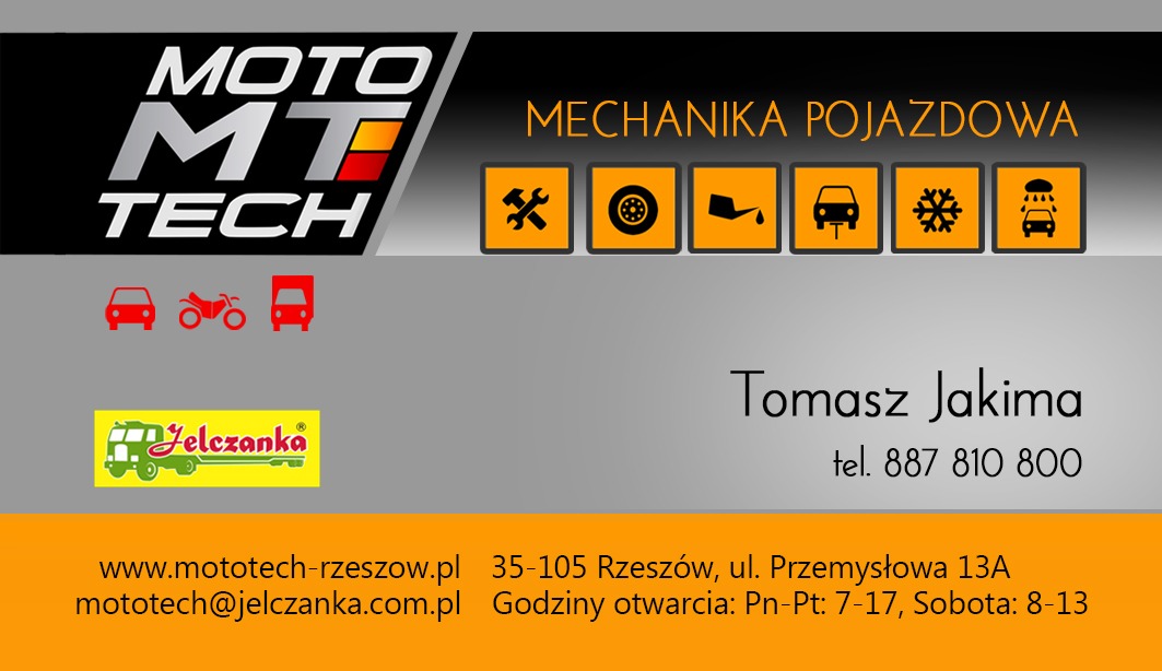 Wizytówka firmy Moto Tech z Rzeszowa, świadczącej usługi mechaniki pojazdowej, z logo, danymi kontaktowymi i ikonami symbolizującymi naprawę samochodów.