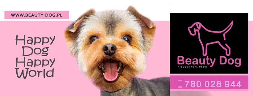 Reklama salonu pielęgnacji psów Beauty Dog z wizerunkiem uśmiechniętego yorka na różowym tle, logo firmy w prawym górnym rogu i numer telefonu kontaktowego.