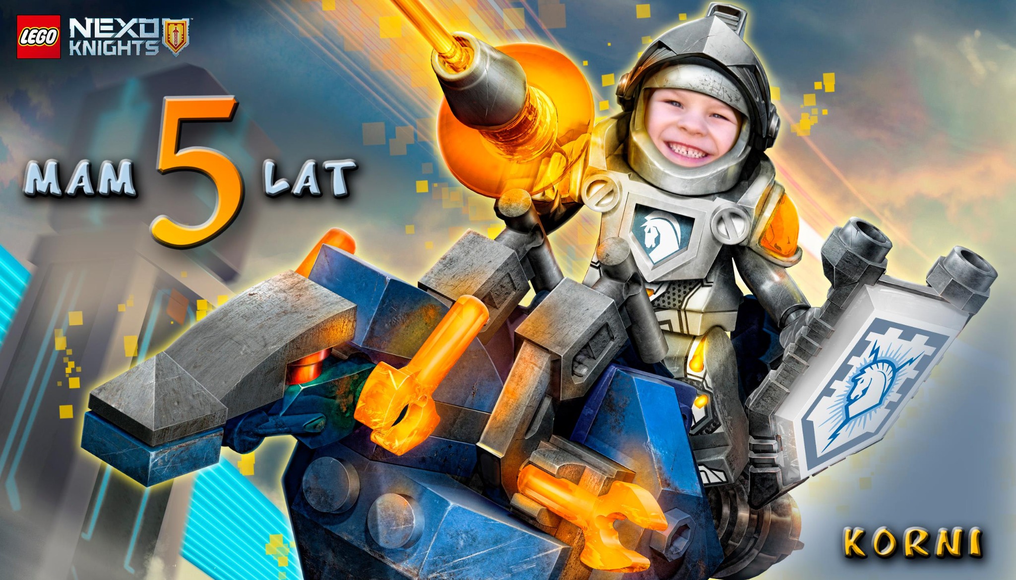 Grafika z motywem LEGO Nexo Knights, przedstawiająca pojazd z klocków z twarzą dziecka w hełmie rycerza, obok napis 'MAM 5 LAT' w pomarańczowej czcionce oraz imię 'KORNI' w dolnym rogu.