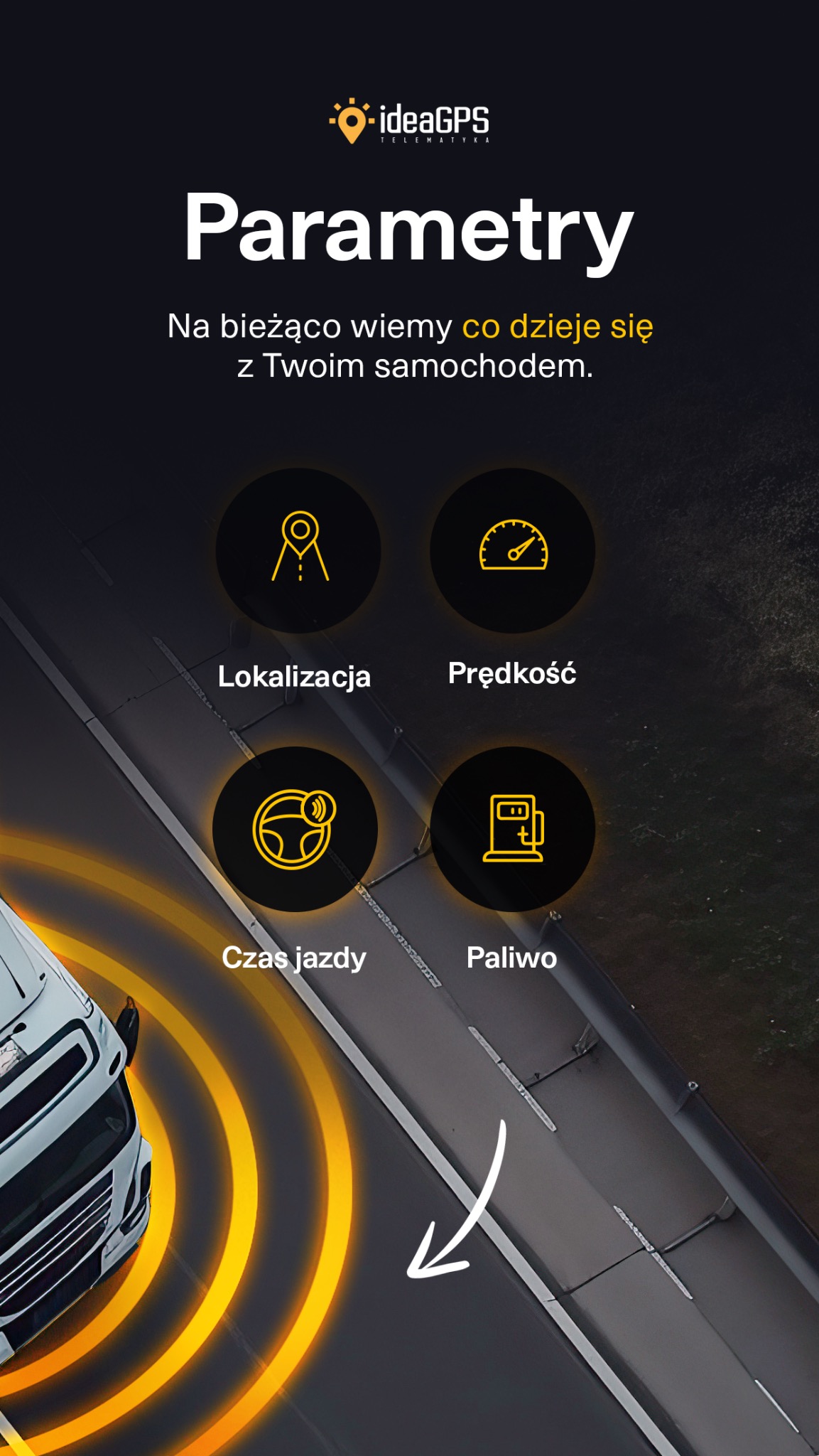 Grafika z logo IdeaGPS, prezentująca parametry monitoringu pojazdu: lokalizacja, prędkość, czas jazdy i paliwo. Widoczny fragment ciężarówki na tle drogi.