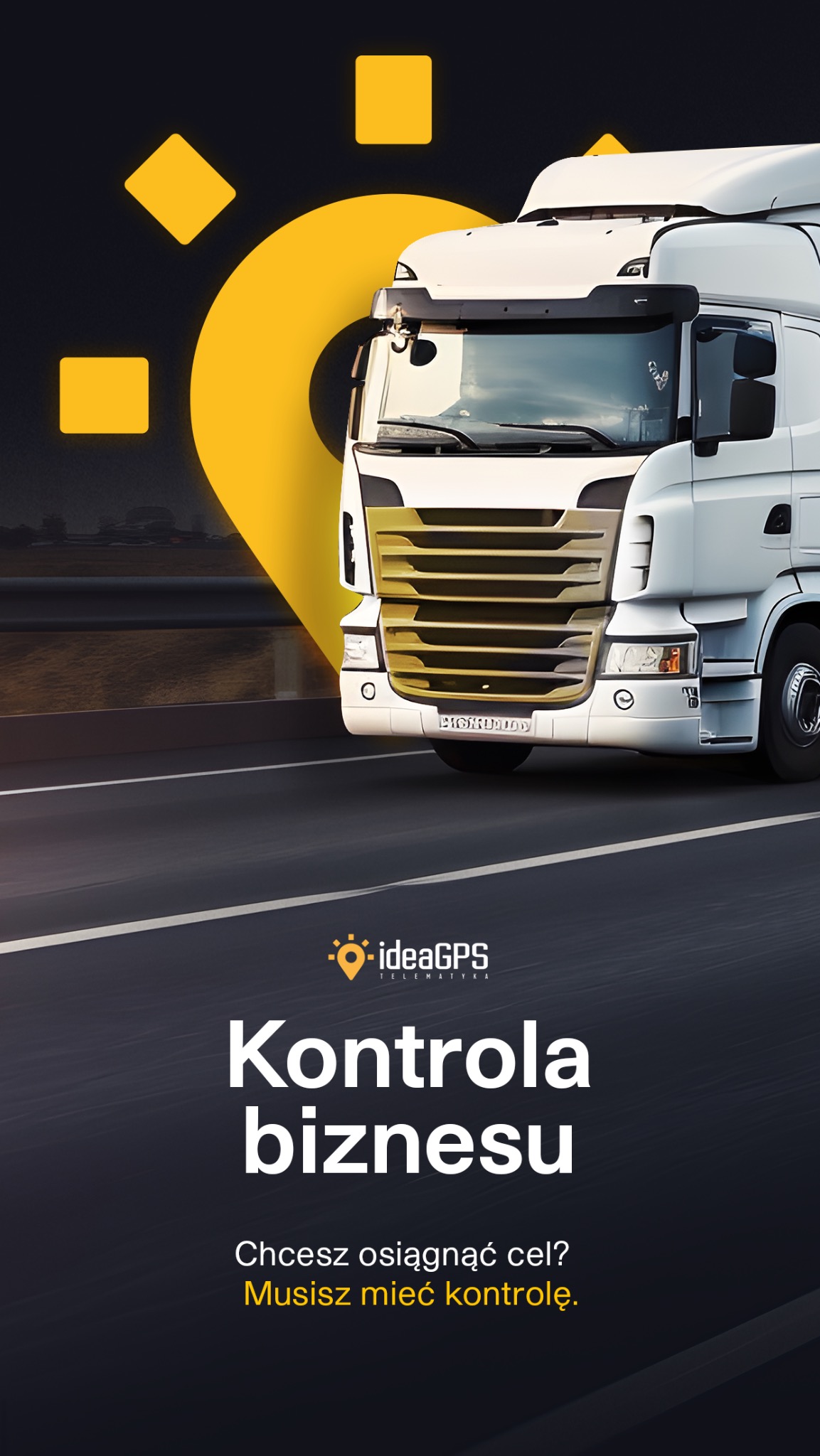 Grafika reklamowa: biała ciężarówka na drodze z żółtym znacznikiem lokalizacji i hasłem 'Kontrola biznesu'.