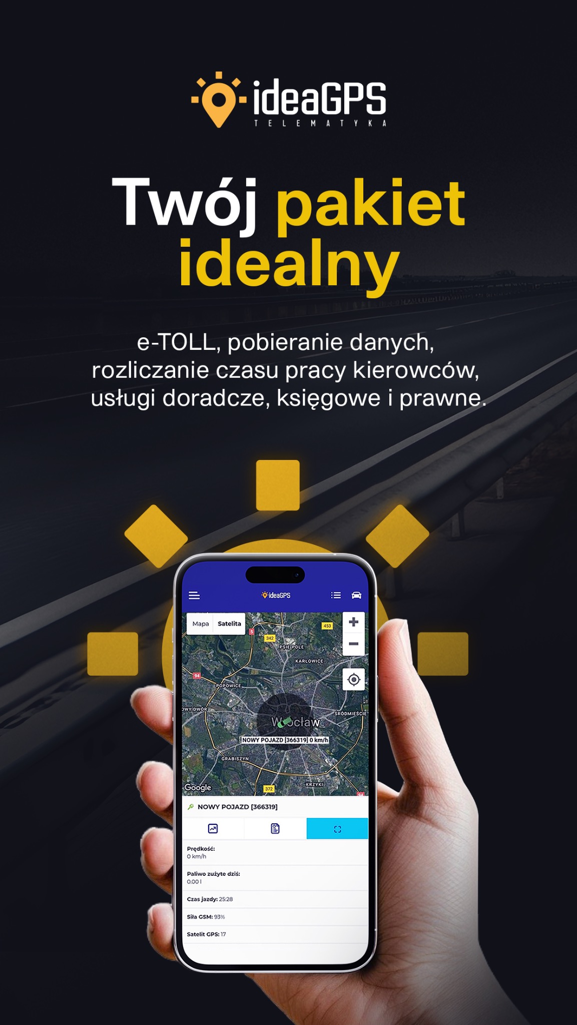 Aplikacja IdeaGPS na smartfonie w dłoni, prezentująca mapę z lokalizacją pojazdu we Wrocławiu. Widoczne dane o prędkości, zużyciu paliwa i sile sygnału GPS.