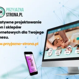 Ekran komputera stacjonarnego i smartfon wyświetlają strony internetowe z motywem salonu SPA, na tle logo firmy 'Przyjazna Strona.pl' i tekstu reklamowego.