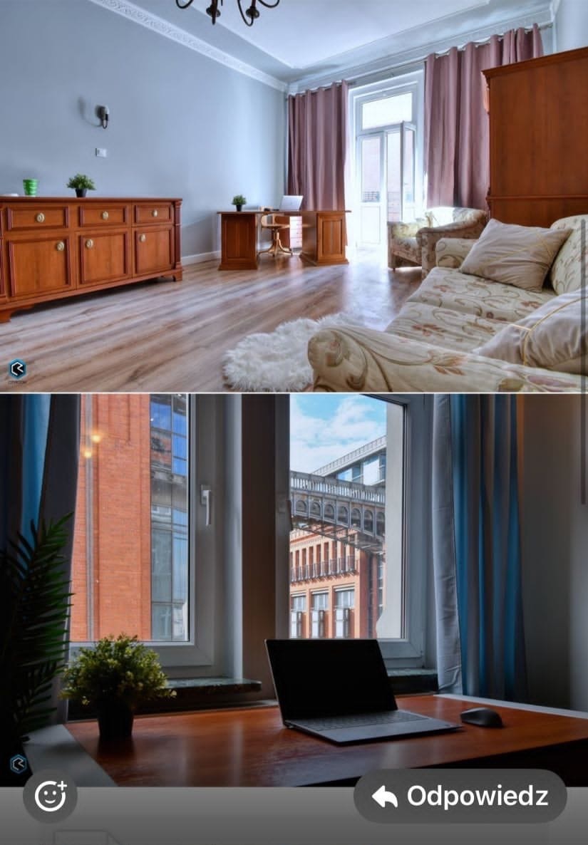 Jasne wnętrze pokoju z drewnianymi meblami, biurkiem z laptopem i widokiem na budynki przez okno, podzielone na dwie części: górna część pokazuje całe pomieszczenie, dolna część skupia się...