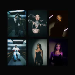 Mozaika z sześciu portretów osób w różnym oświetleniu i stylizacjach, od punkowych kreacji w windzie po eleganckie, ciemne ujęcia w studio.