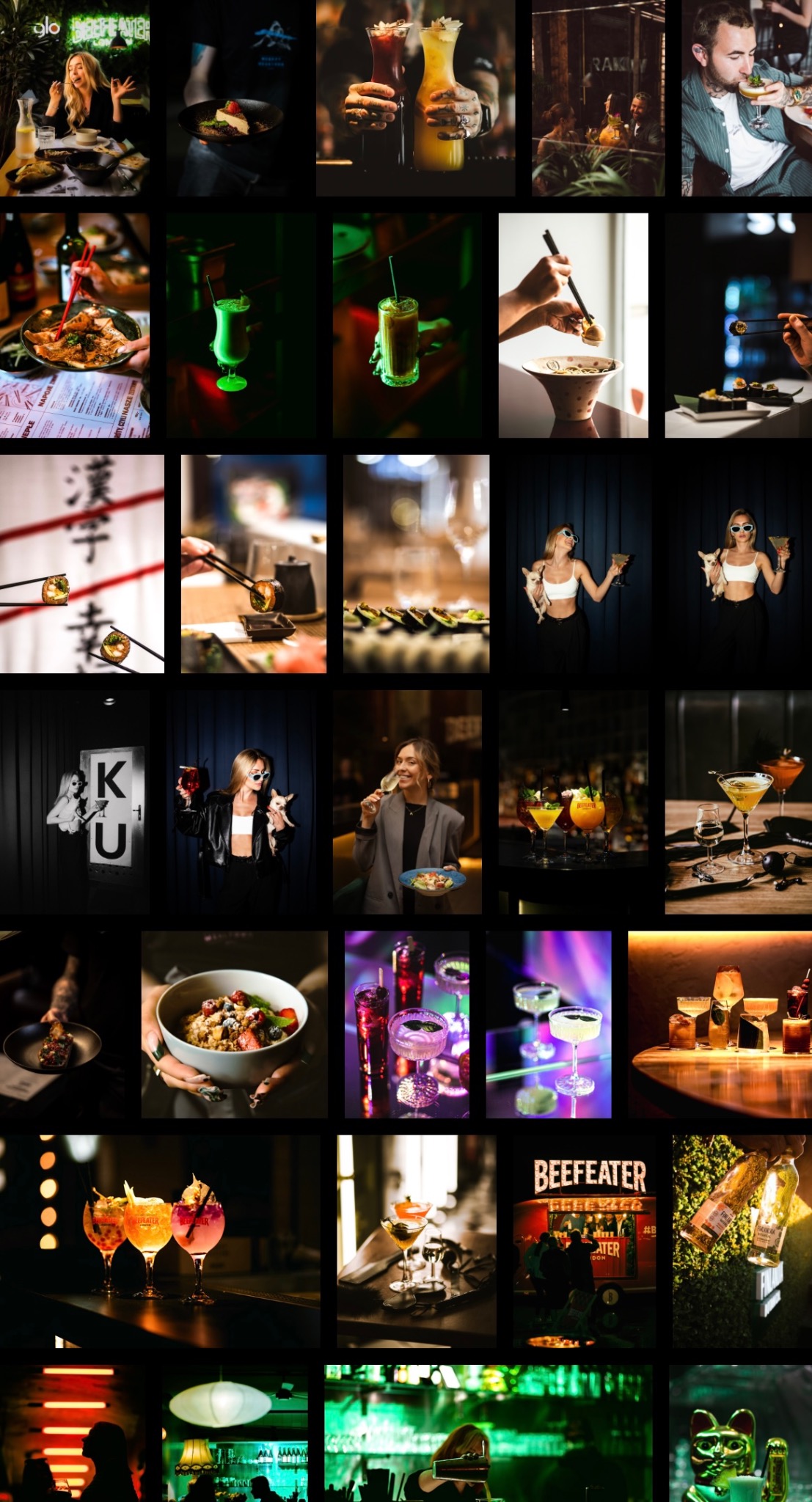 Zestaw różnorodnych zdjęć z restauracji i barów: koktajle, dania azjatyckie, portrety osób w eleganckich wnętrzach, detale wyposażenia i dekoracji.
