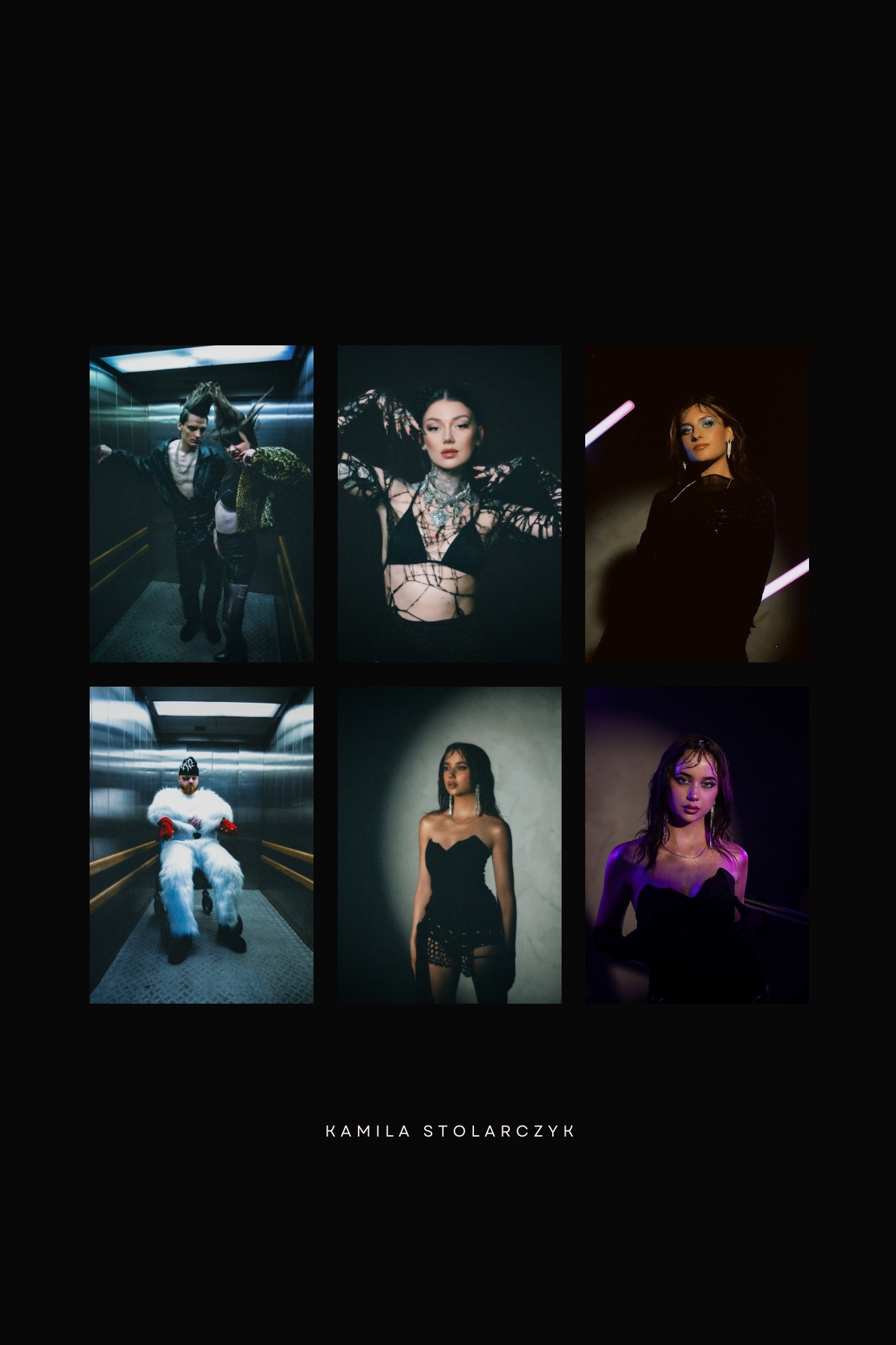 Mozaika z sześciu portretów osób w różnym oświetleniu i stylizacjach, od punkowych kreacji w windzie po eleganckie, ciemne ujęcia w studio.