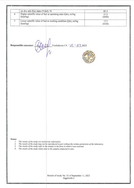 Skan dokumentu z wynikami badań kaloryczności paliwa, zawierający tabelę z wartościami oraz podpis i pieczęć.