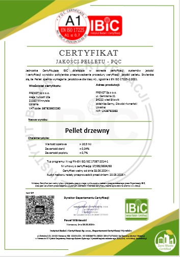 Skan certyfikatu jakości pelletu drzewnego, wydany przez IBIC dla firmy FRENDT Sp. z o.o., potwierdzający spełnienie normy EN ISO 17225-2-2021 dla klasy A1, z datą ważności do 20.05.2025.