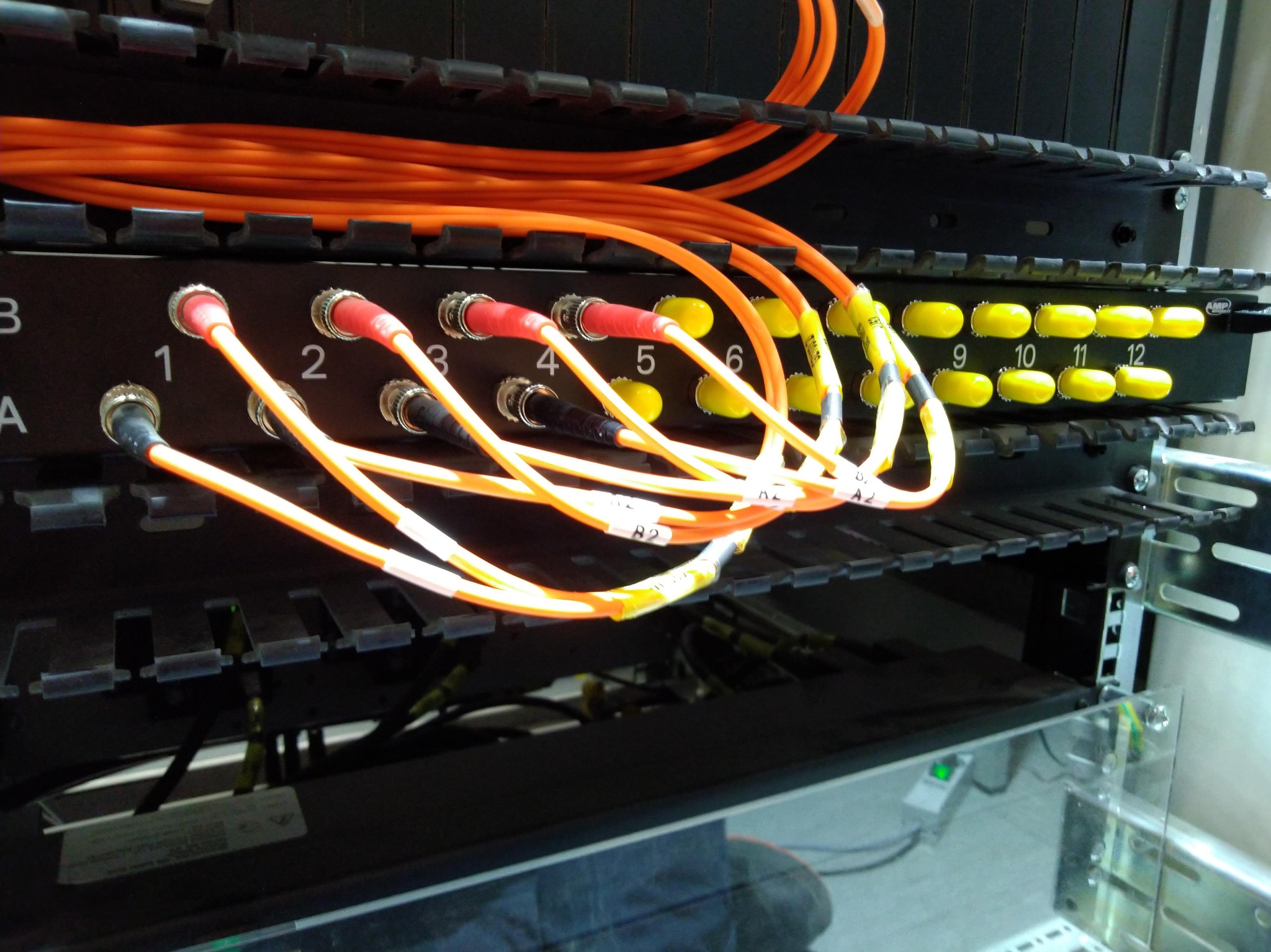 Panel krosowniczy z podłączonymi kablami światłowodowymi oznaczonymi etykietami, widoczne porty z numeracją od 1 do 12 oraz kable ułożone w górnej części panelu.