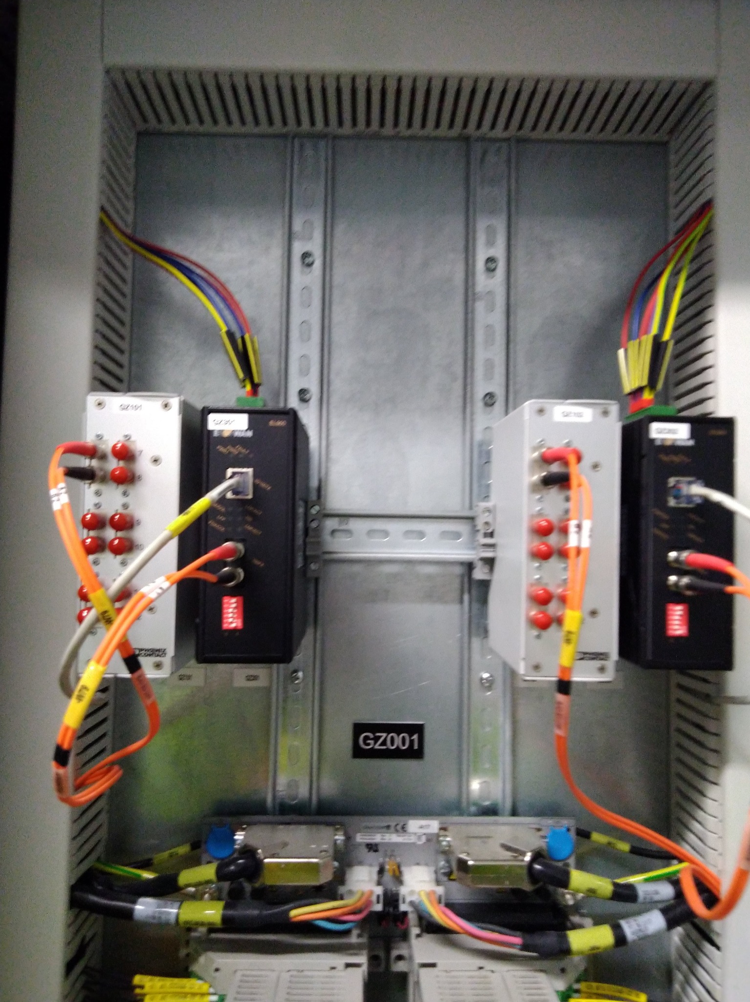 Wnętrze szafy sterowniczej z zamontowanymi modułami elektronicznymi, okablowaniem oznaczonym kolorami i numerem identyfikacyjnym GZ001.