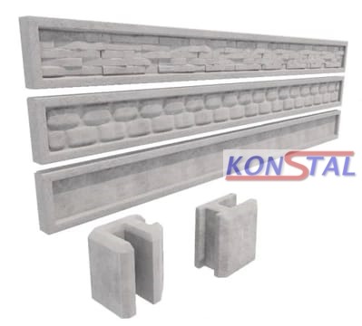 Prezentacja trzech betonowych paneli ogrodzeniowych o różnej fakturze (kamień, cegła, gładki) wraz z dwoma betonowymi słupkami montażowymi, na białym tle z logo producenta w prawym górnym rogu.