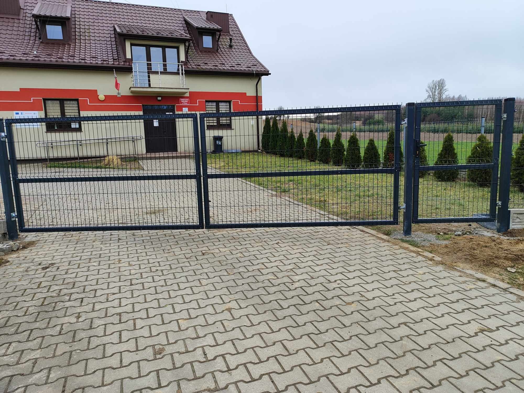 Otwarta dwuskrzydłowa brama z paneli siatkowych w kolorze grafitowym, prowadząca na posesję z budynkiem administracyjnym i rzędem małych tuj.
