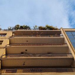 ADNIER S.C. - Wielopiętrowy budynek mieszkalny z balkonami i przeszkloną fasadą, widok z dołu w słoneczny dzień.