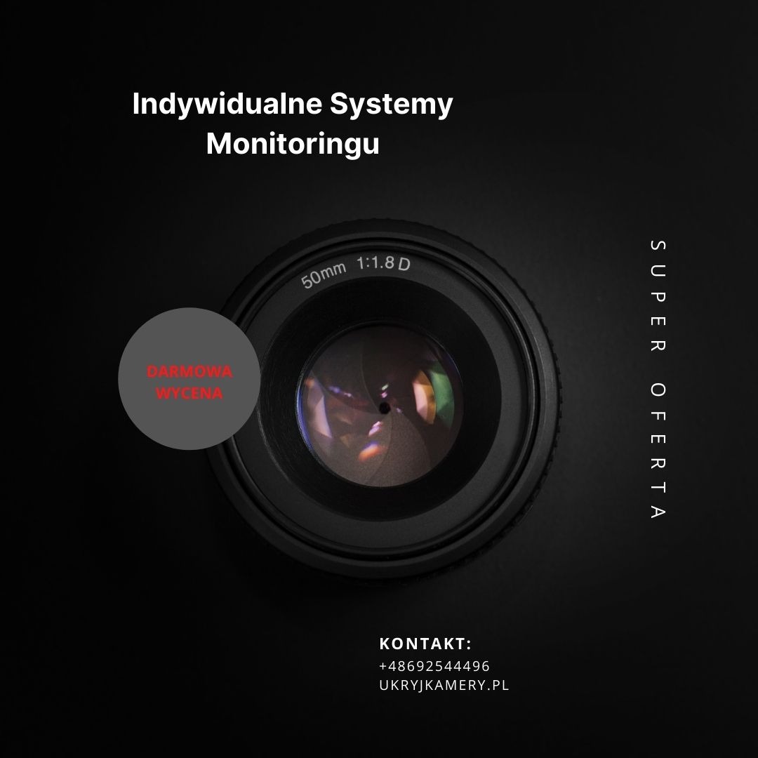 Promocja indywidualnych systemów z darmową wyceną, widoczna soczewka obiektywu 50mm 1.8D na czarnym tle z danymi kontaktowymi.