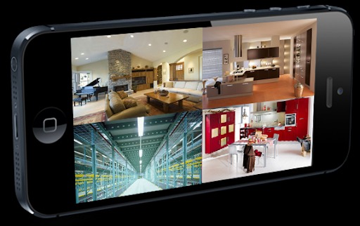 Smartfon wyświetlający kolaż zdjęć wnętrz: salon z kominkiem i fortepianem, nowoczesna kuchnia, magazyn z regałami, czerwona kuchnia z jadalnią.